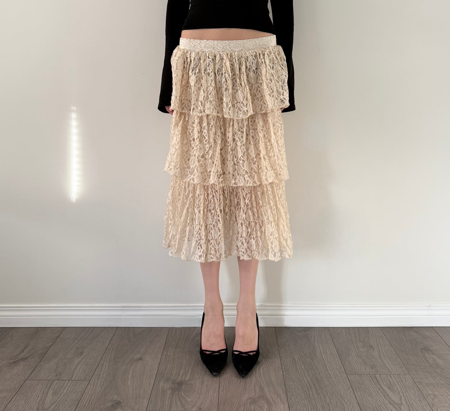 80s semi sheer lace tiered midi skirt