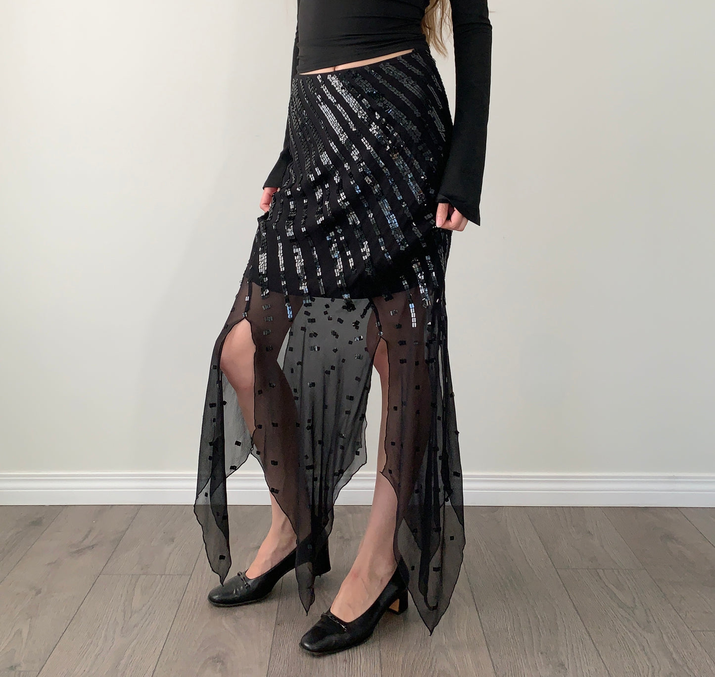 Debbie shuchat 100% silk sequin asymmetrical maxi skirt