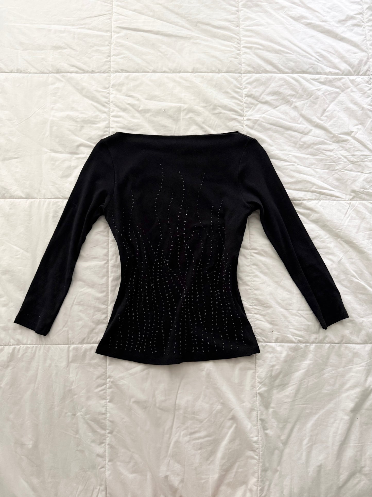 Vintage whimsical black beaded boat neck 3/4 sleeve top