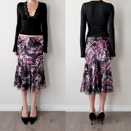 100% Silk Whimsical Palm Print Mermaid Midi Skirt