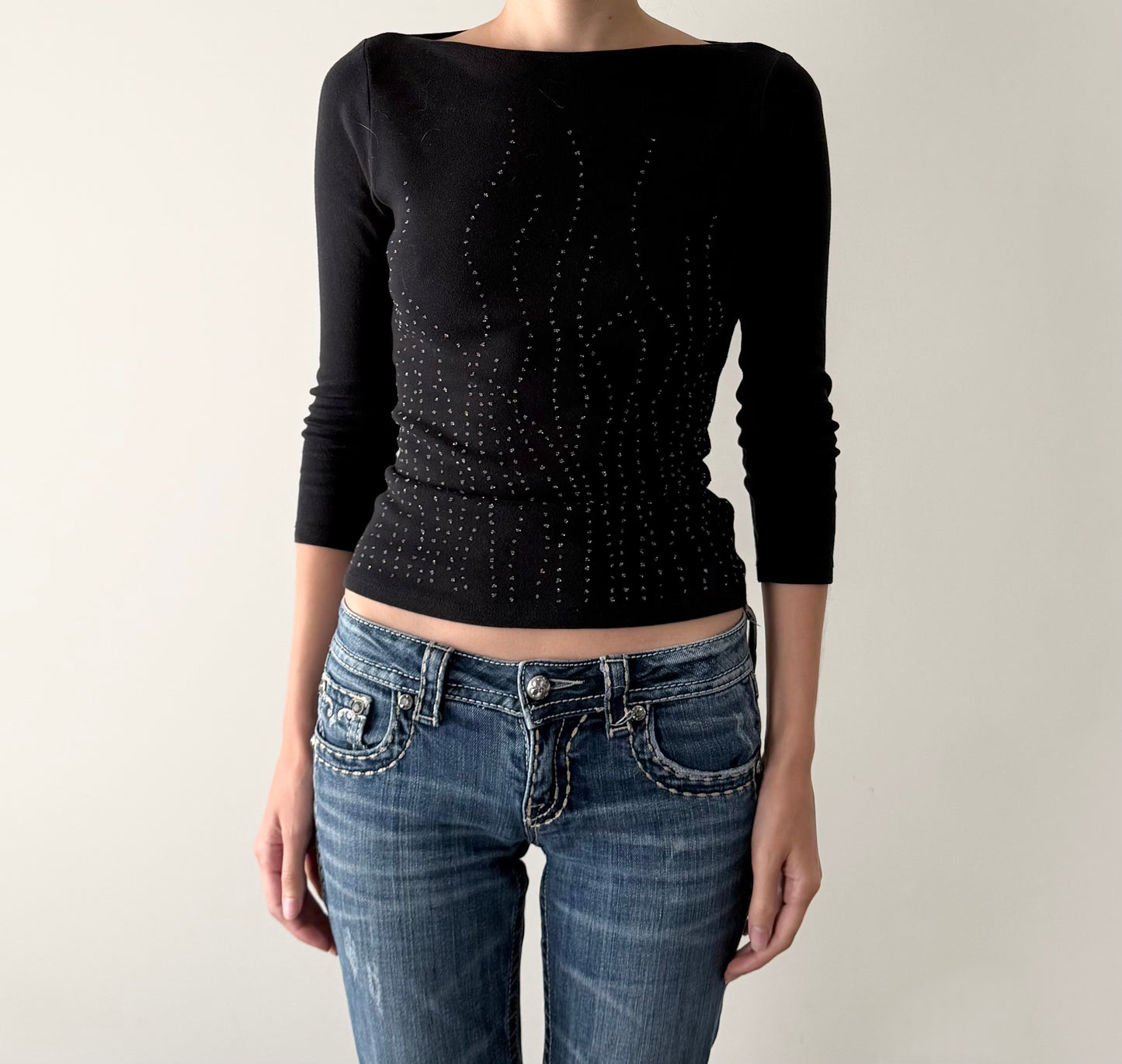 Vintage whimsical black beaded boat neck 3/4 sleeve top