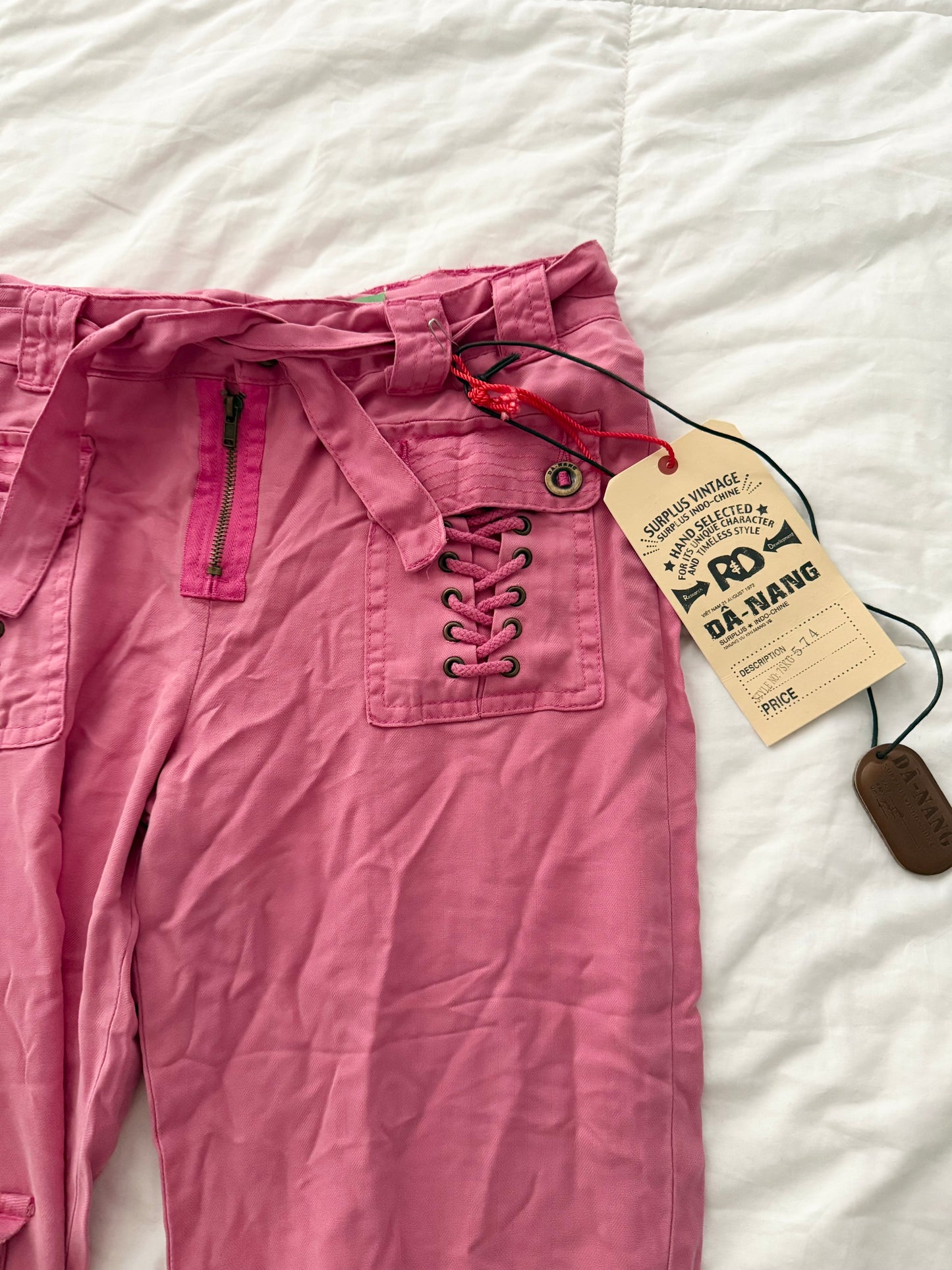 Da-Nang Pink 100% Silk Lace-Up Flared cargo’s
