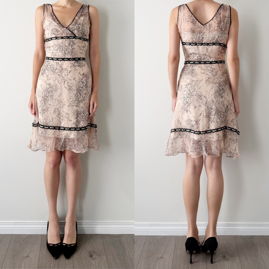 Dainty floral lace BCBGMAXAZRIA 100% silk midi dress.