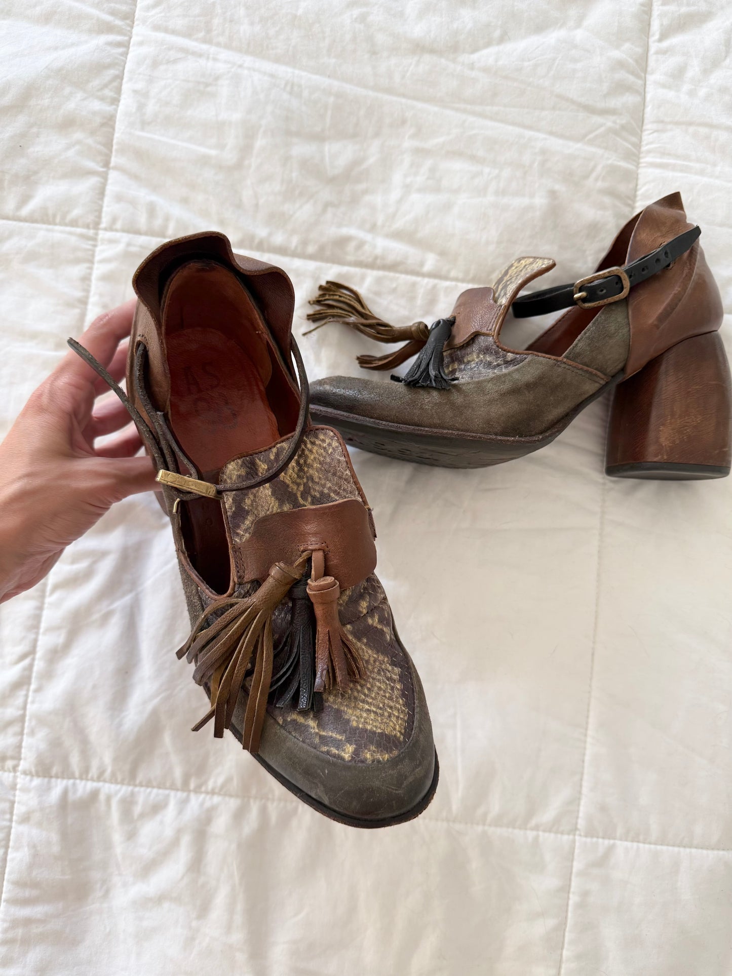 A.S.98 Italian Distressed Leather Tassel Loafer Heels