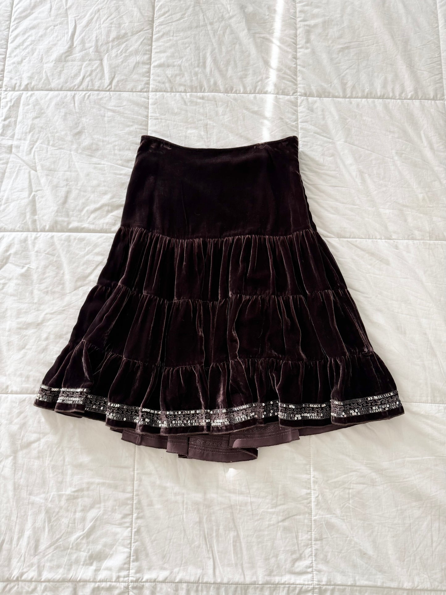 Whimsigoth Gracie velvet tiered silk sequin midi skirt