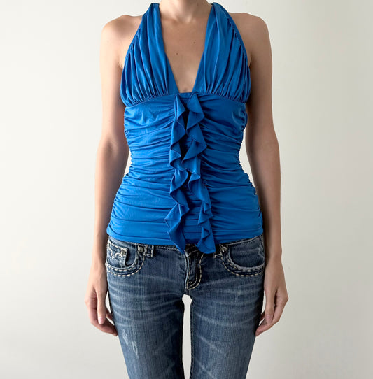 Marciano blue backless ruffle halter style top