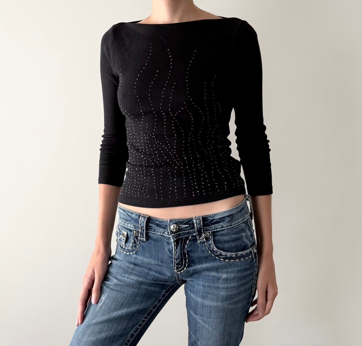 Vintage whimsical black beaded boat neck 3/4 sleeve top