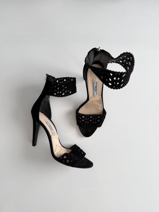 Vintage Prada black suede open toe heels