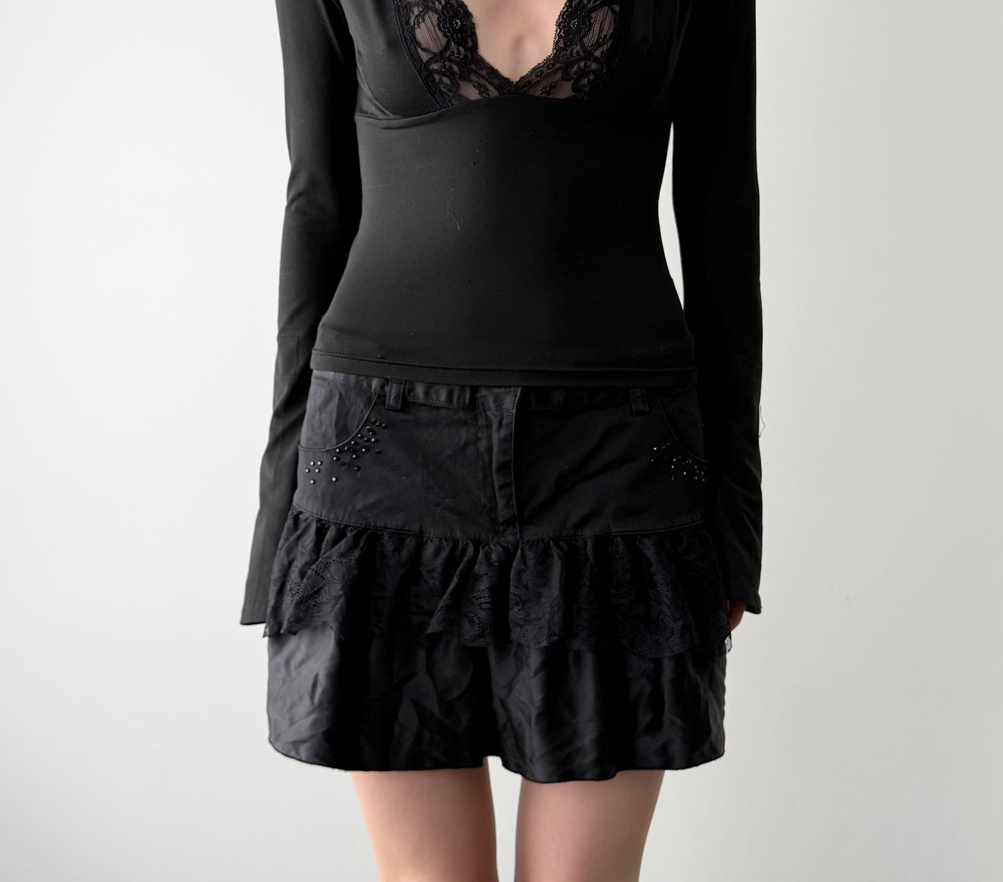 Buffalo David Bitton Black Lace Silk Trim Mini Skirt