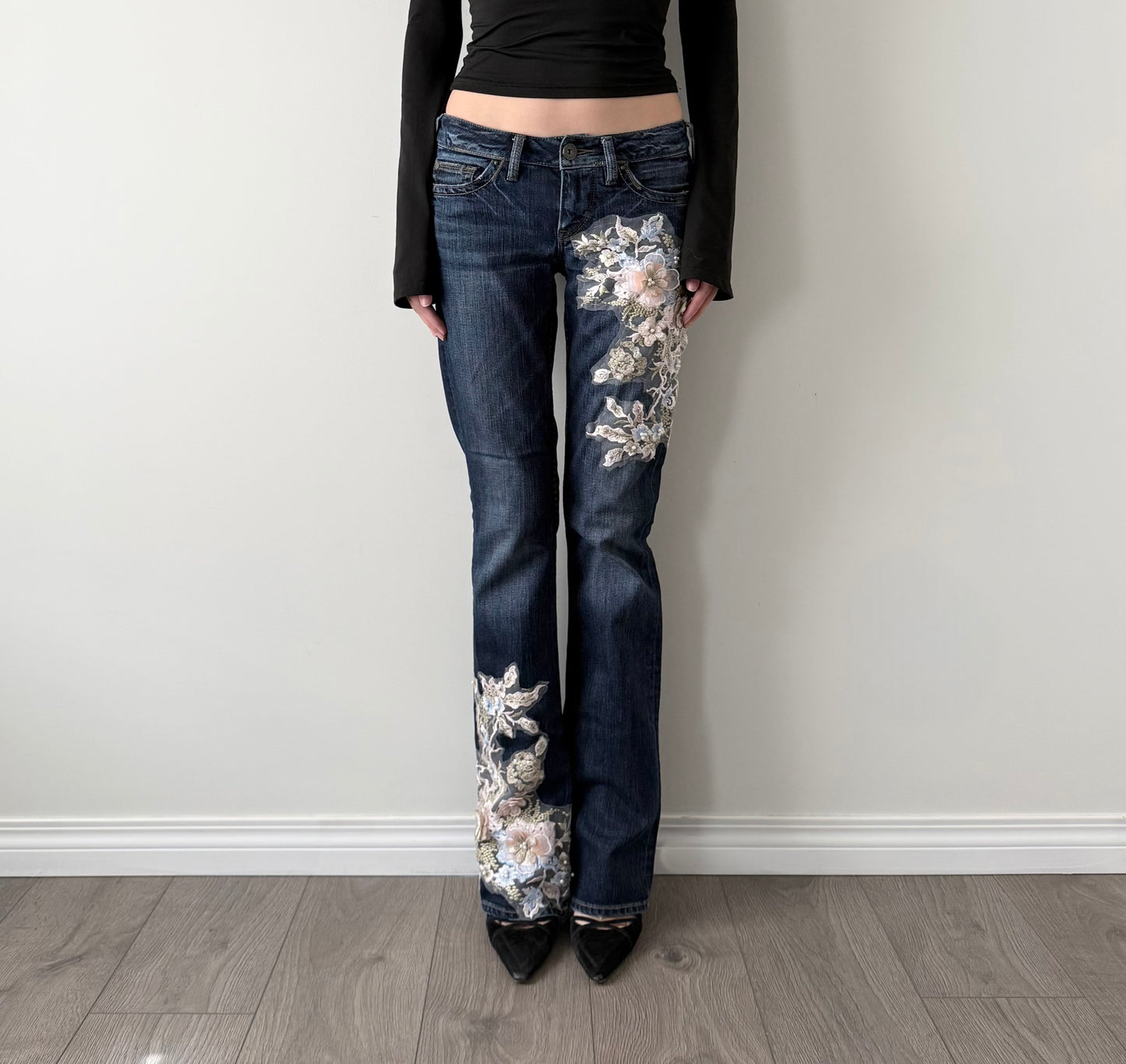 Silver reworked dark wash lace flared jeans
