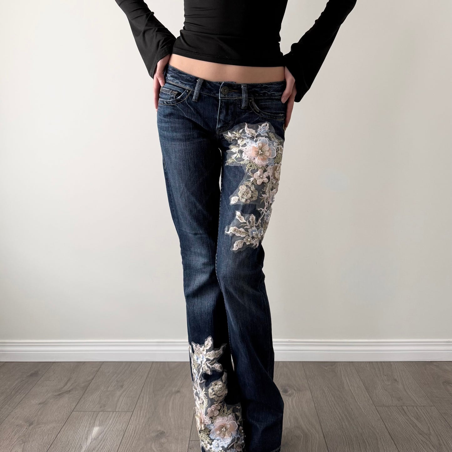 Silver reworked dark wash lace flared jeans