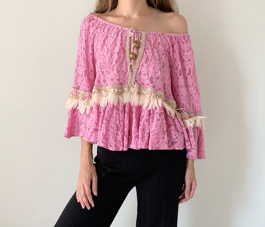 Pho made in Italy pink lace boho blouse