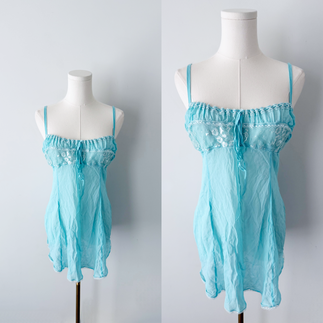 Victoria’s Secret 2002 100% silk blue mini slip dress.