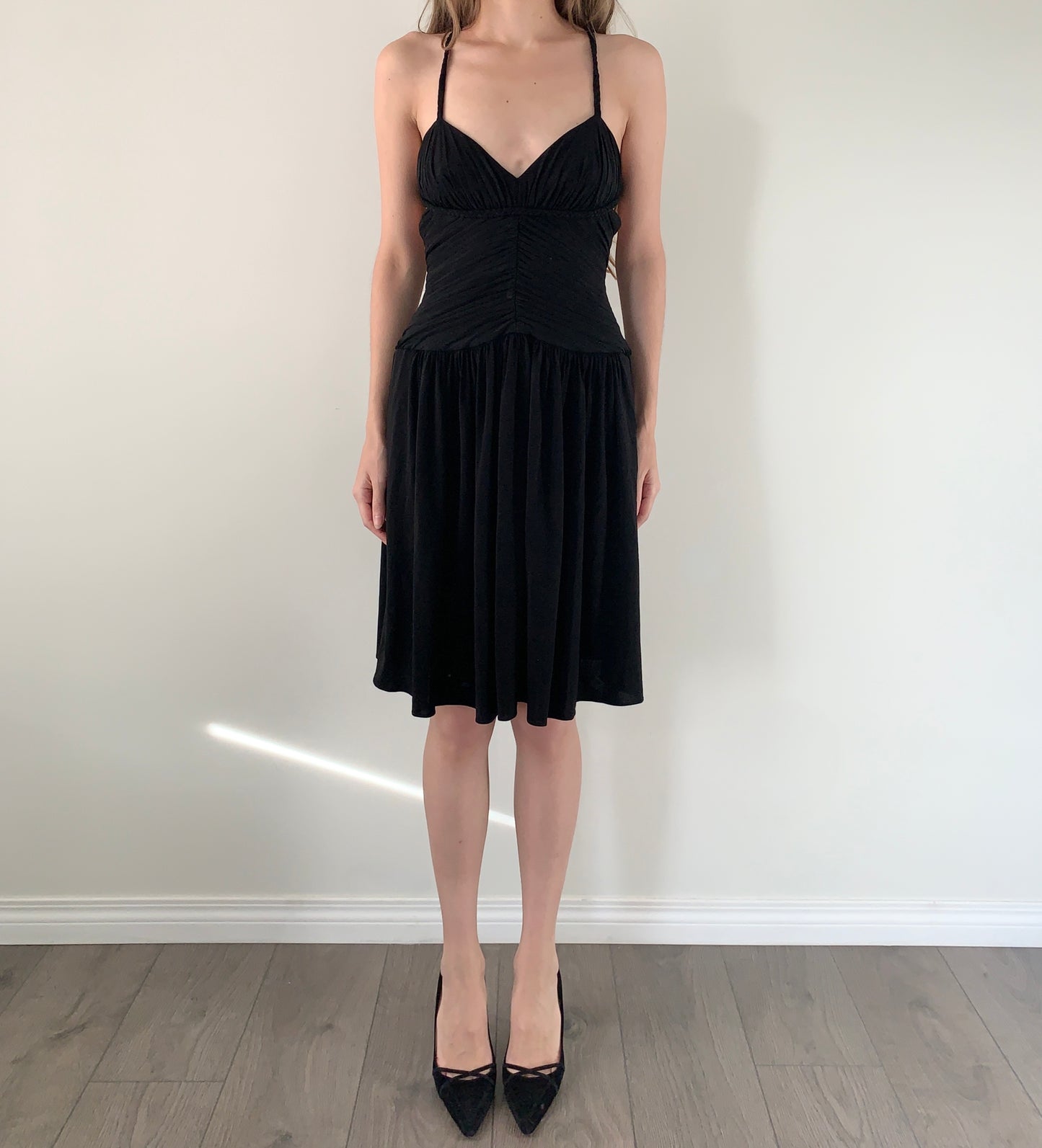 BCBG black low back midi dress