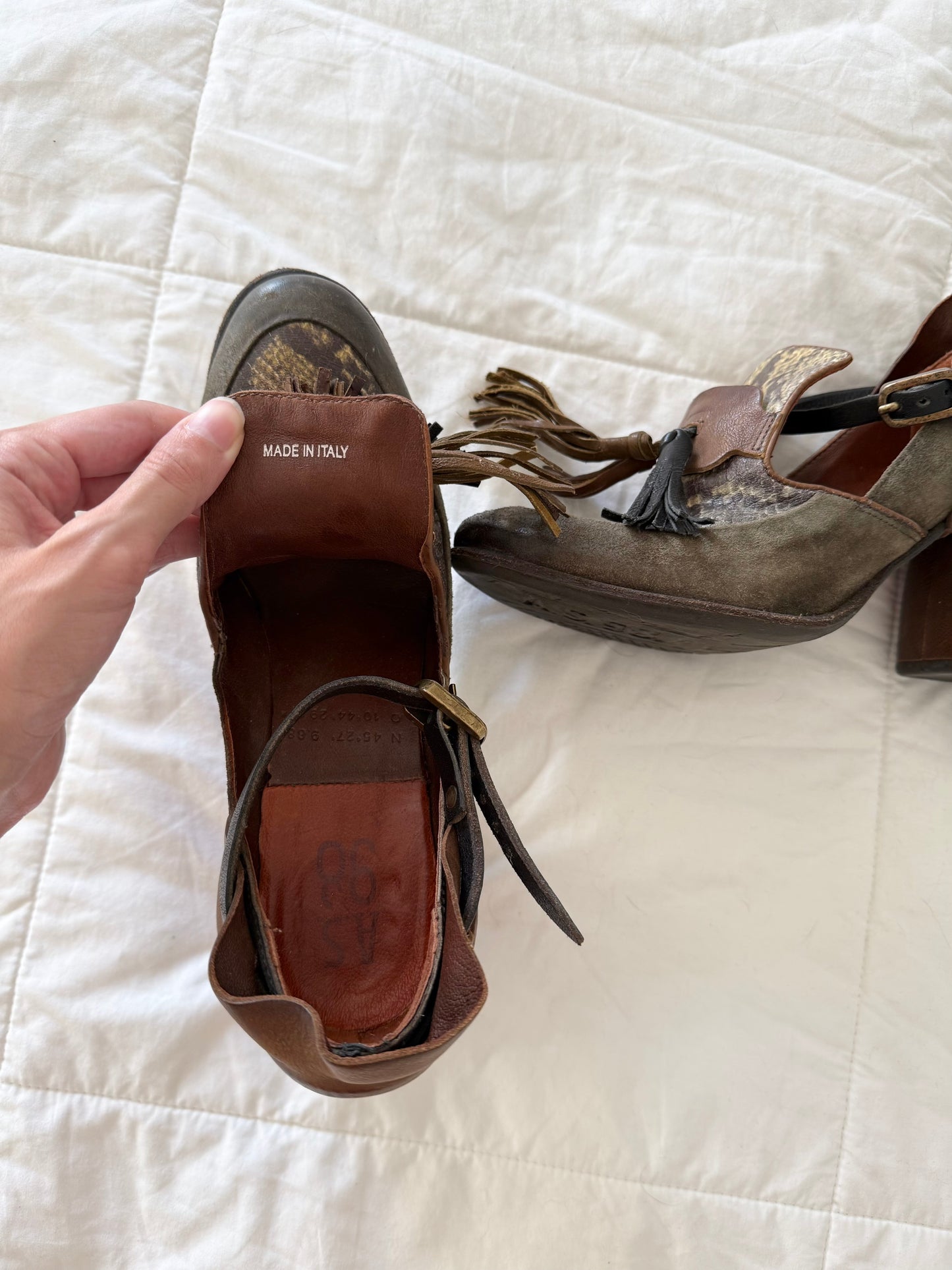 A.S.98 Italian Distressed Leather Tassel Loafer Heels