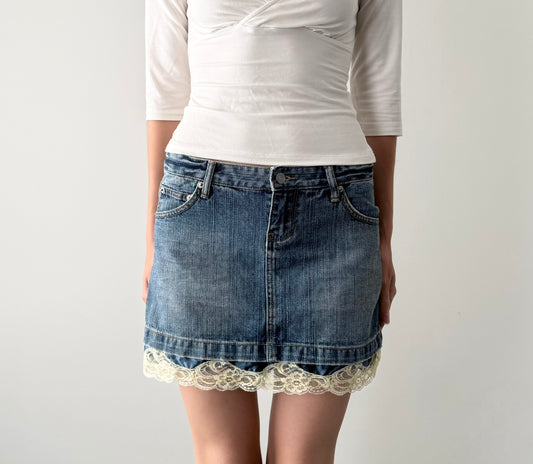 Guess denim low rise mini skirt with slip lace trim