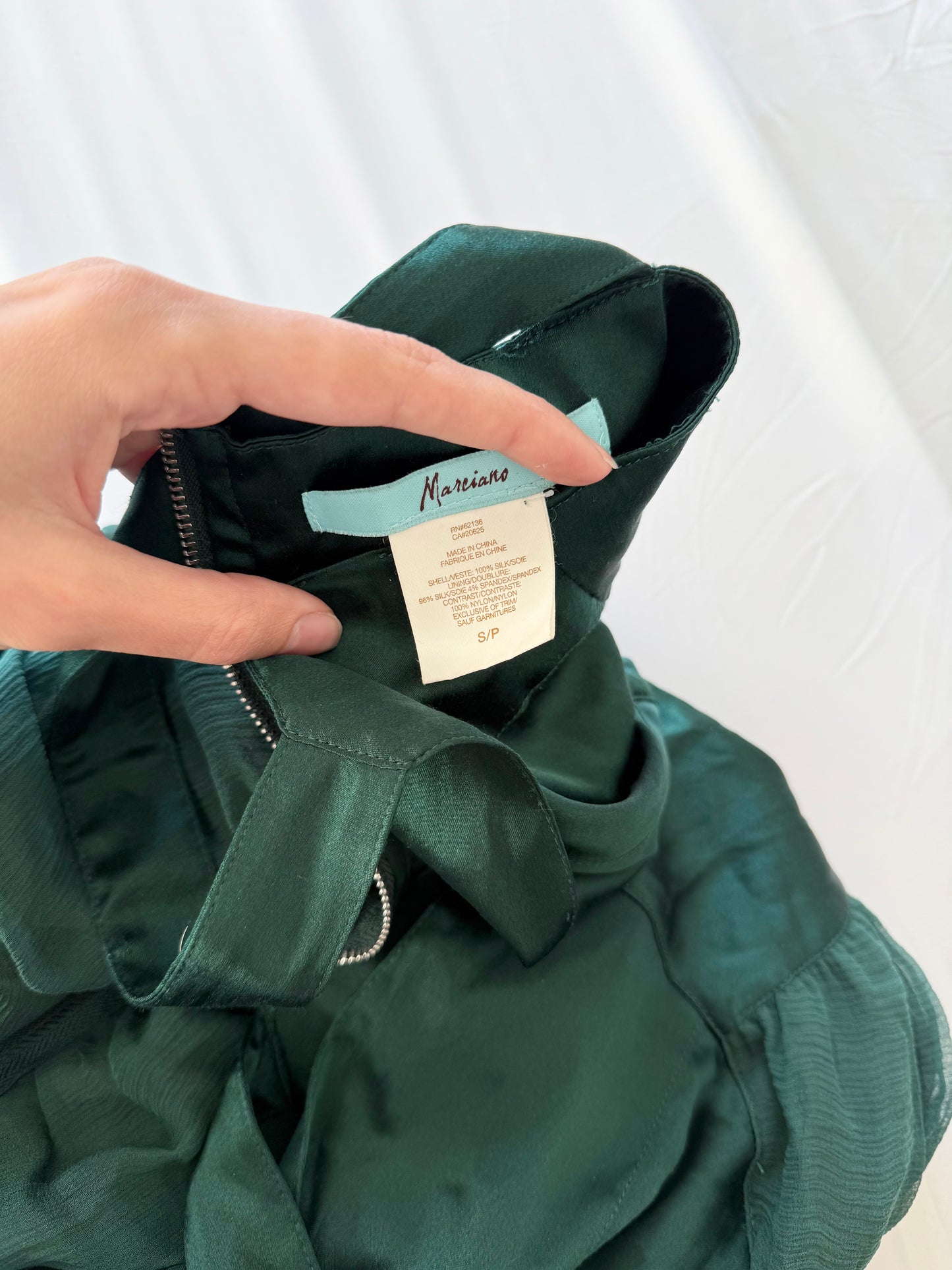 Marciano emerald green 100% silk mini dress.