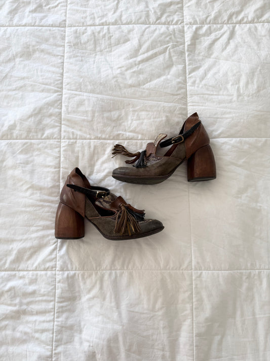 A.S.98 Italian Distressed Leather Tassel Loafer Heels