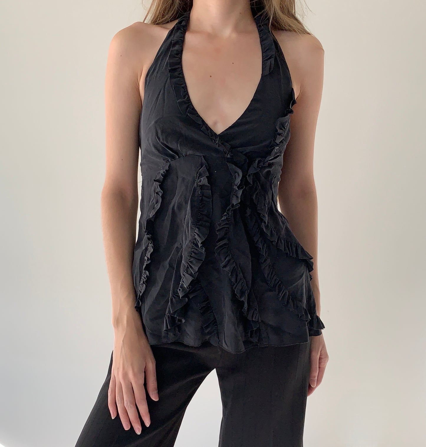 BCBG 100% silk ruffle halter top