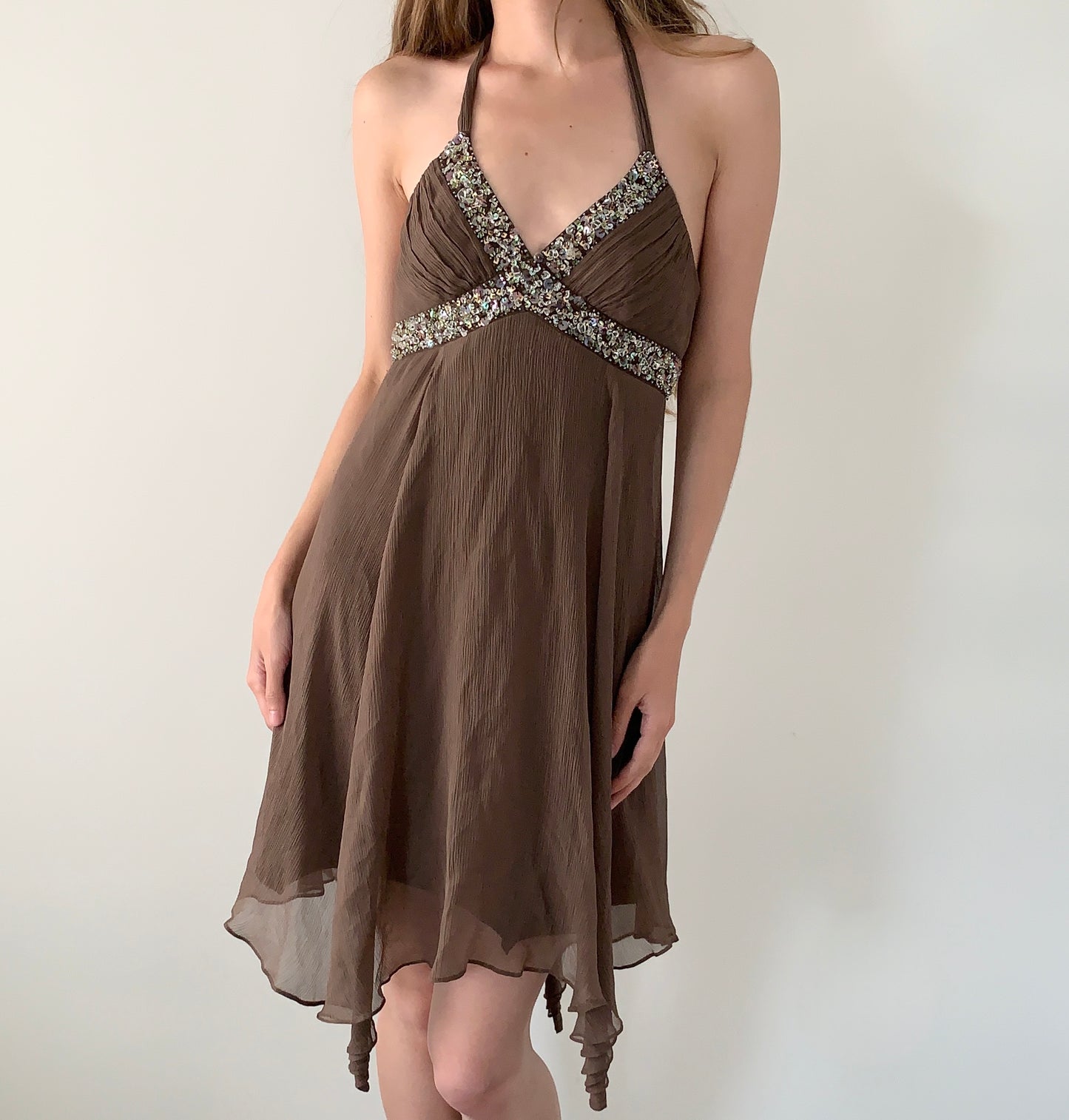 BCBG 100% silk beaded halter dress