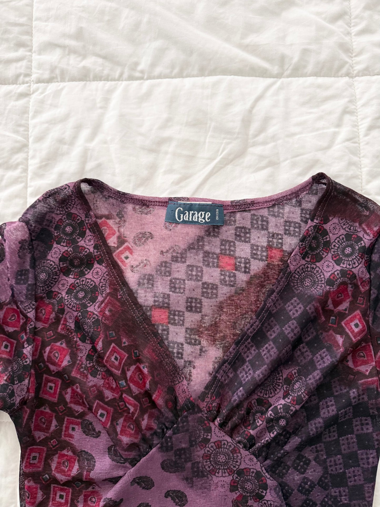 Vintage garage whimsical purple mesh blouse.