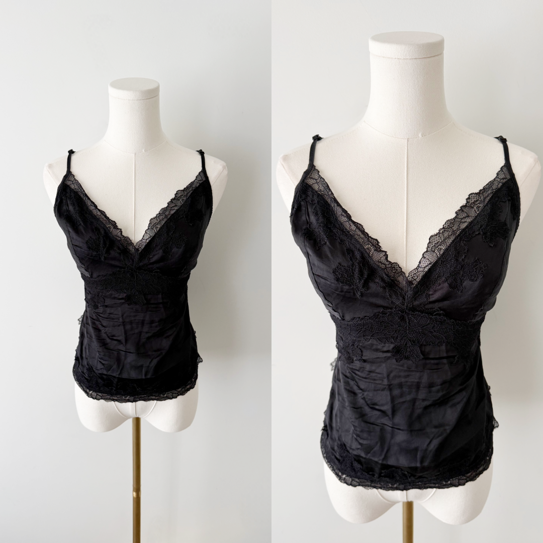 2000s black silk lace trim camisole
