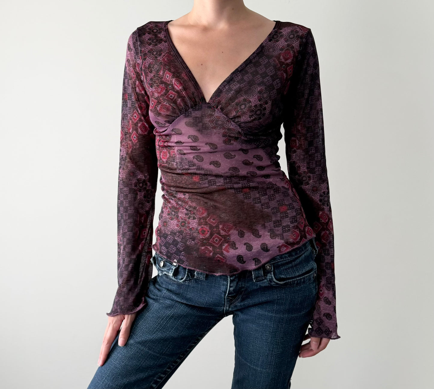 Vintage garage whimsical purple mesh blouse.