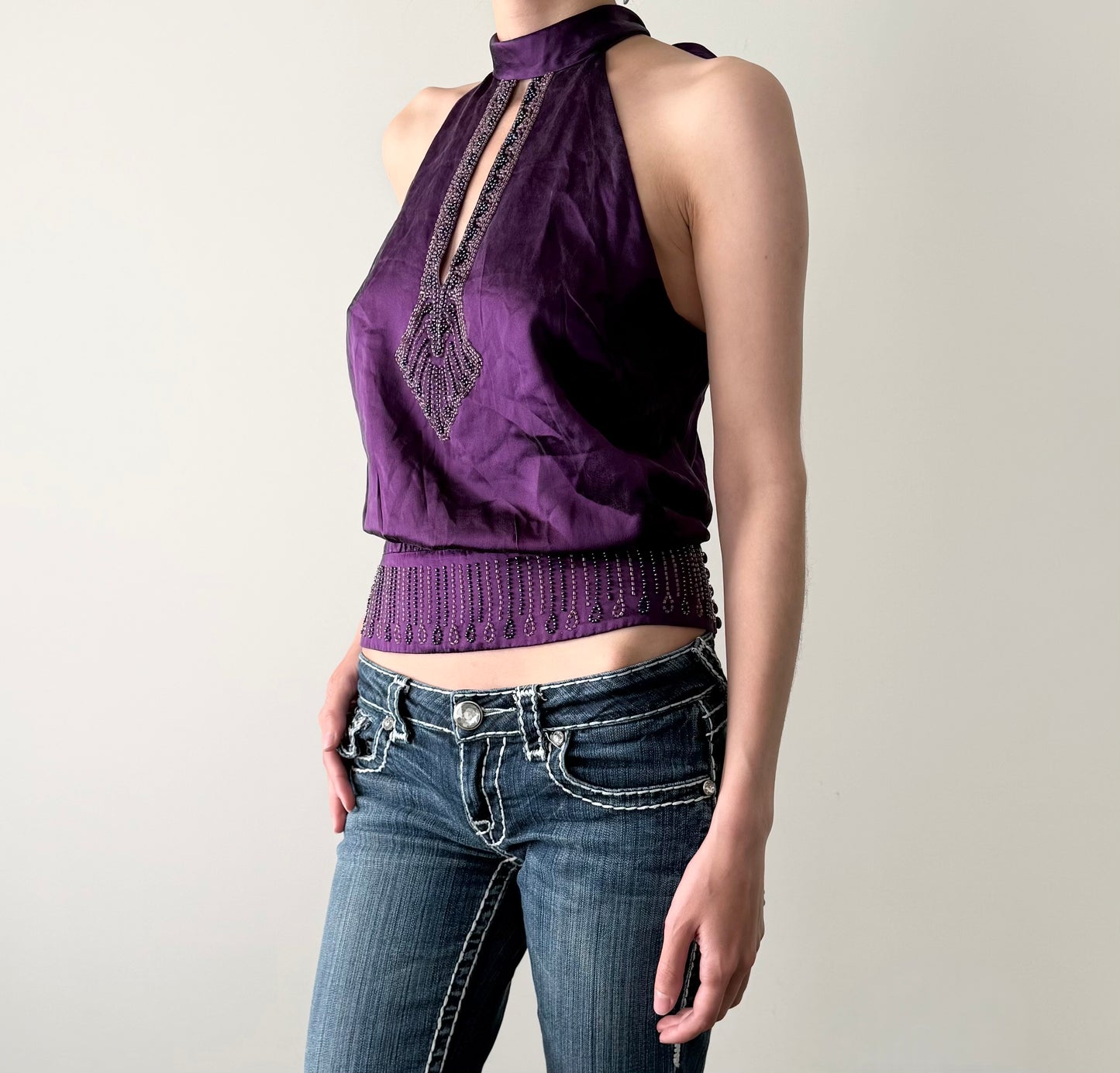 BCBG purple beaded 100% silk boho blouse.