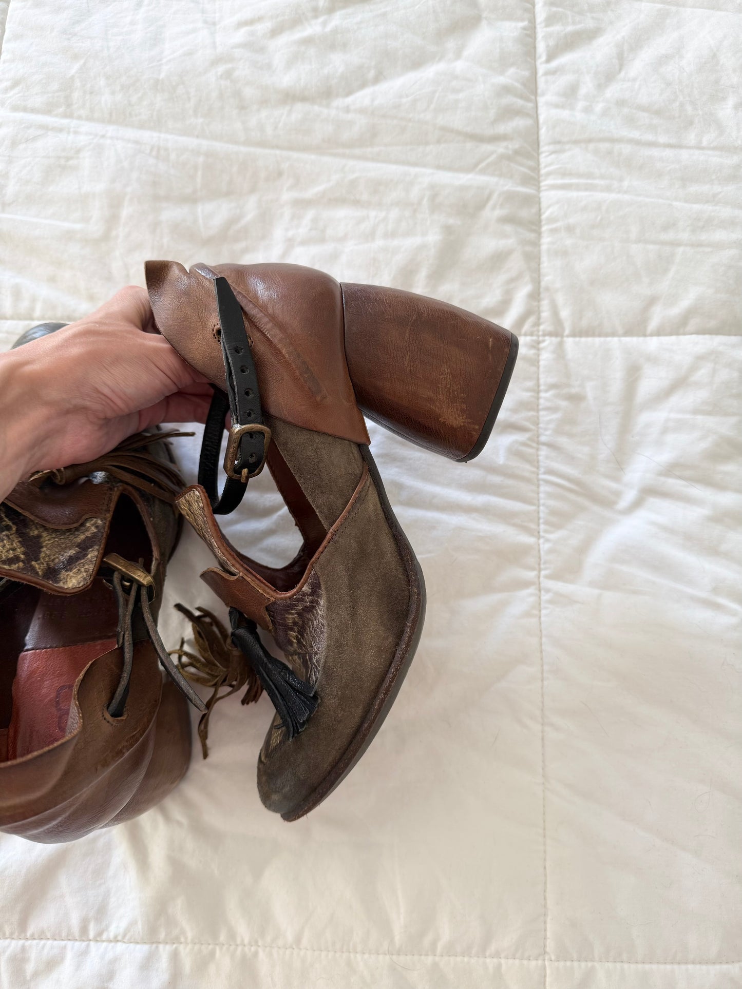 A.S.98 Italian Distressed Leather Tassel Loafer Heels
