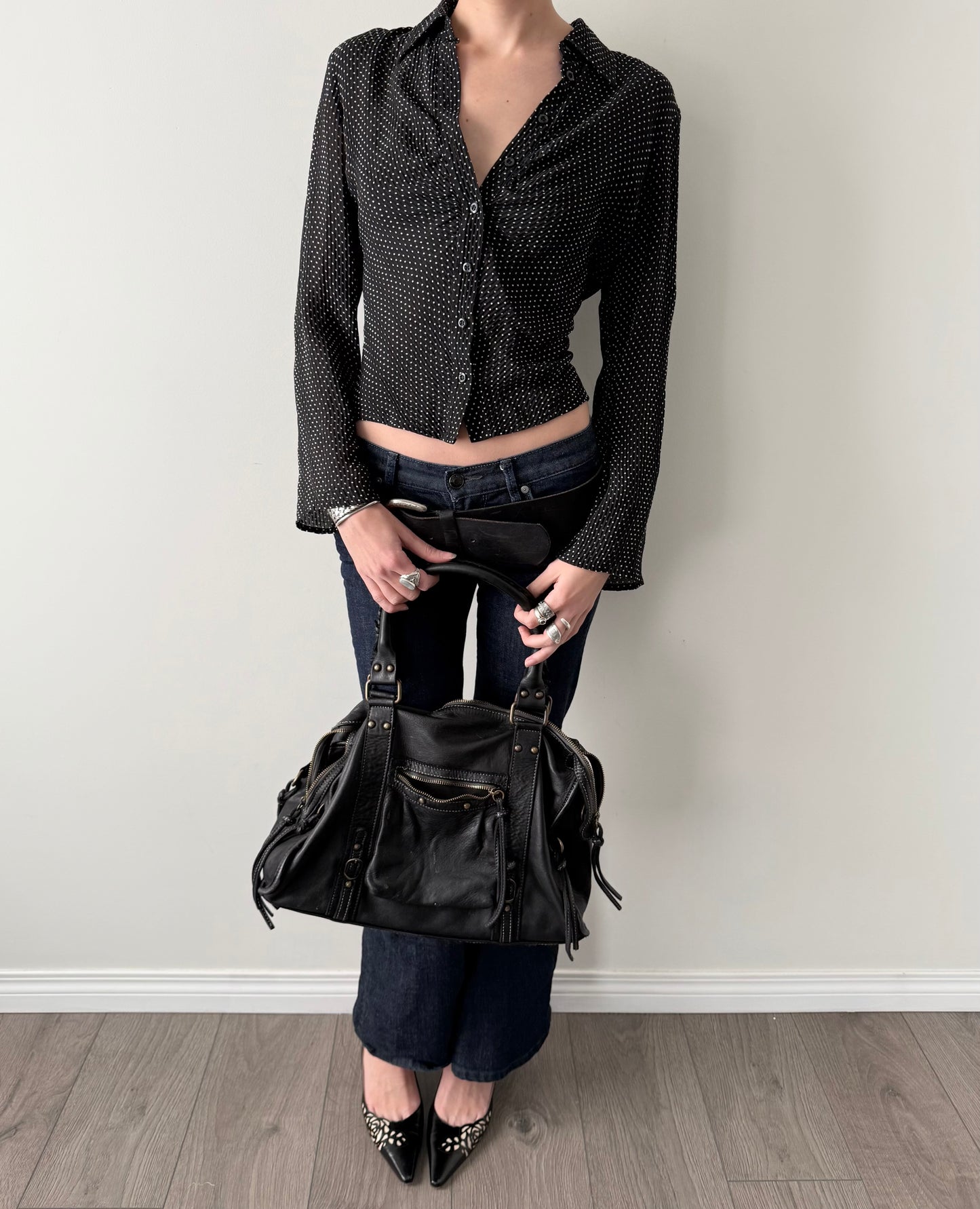 INC 100% silk semi sheer polka dot blouse