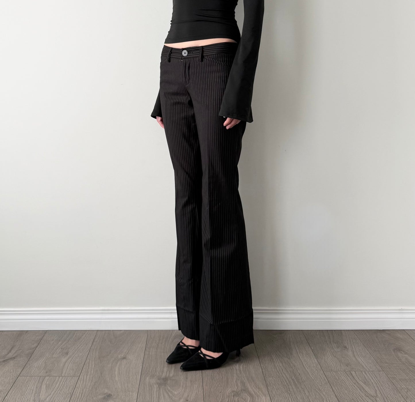 Talula black pinstripe low rise flared trousers