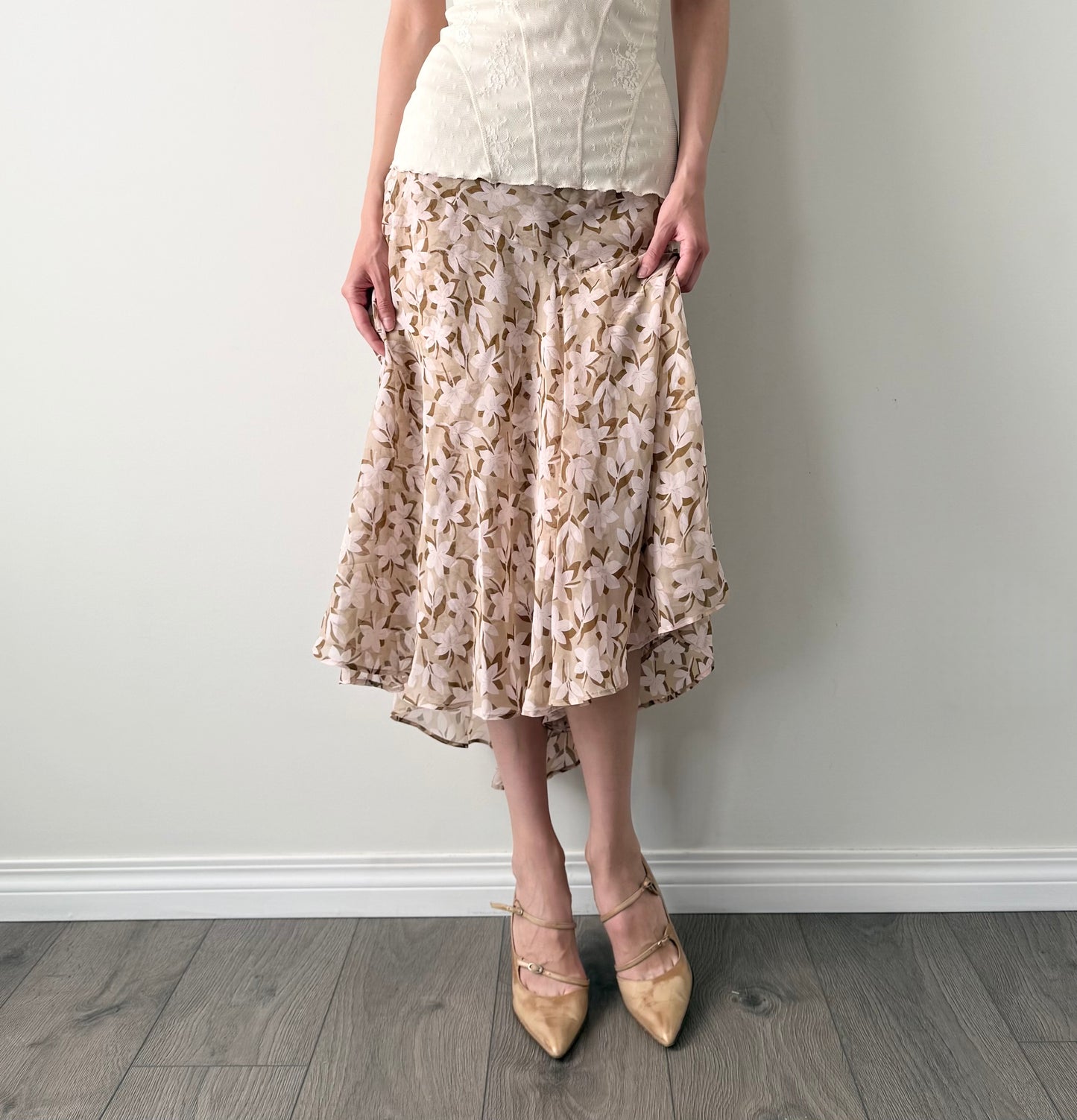 Nought 100% silk floral midi skirt
