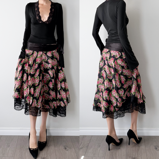 Y2K Ericot Chic 100% silk floral lace trim midi skirt