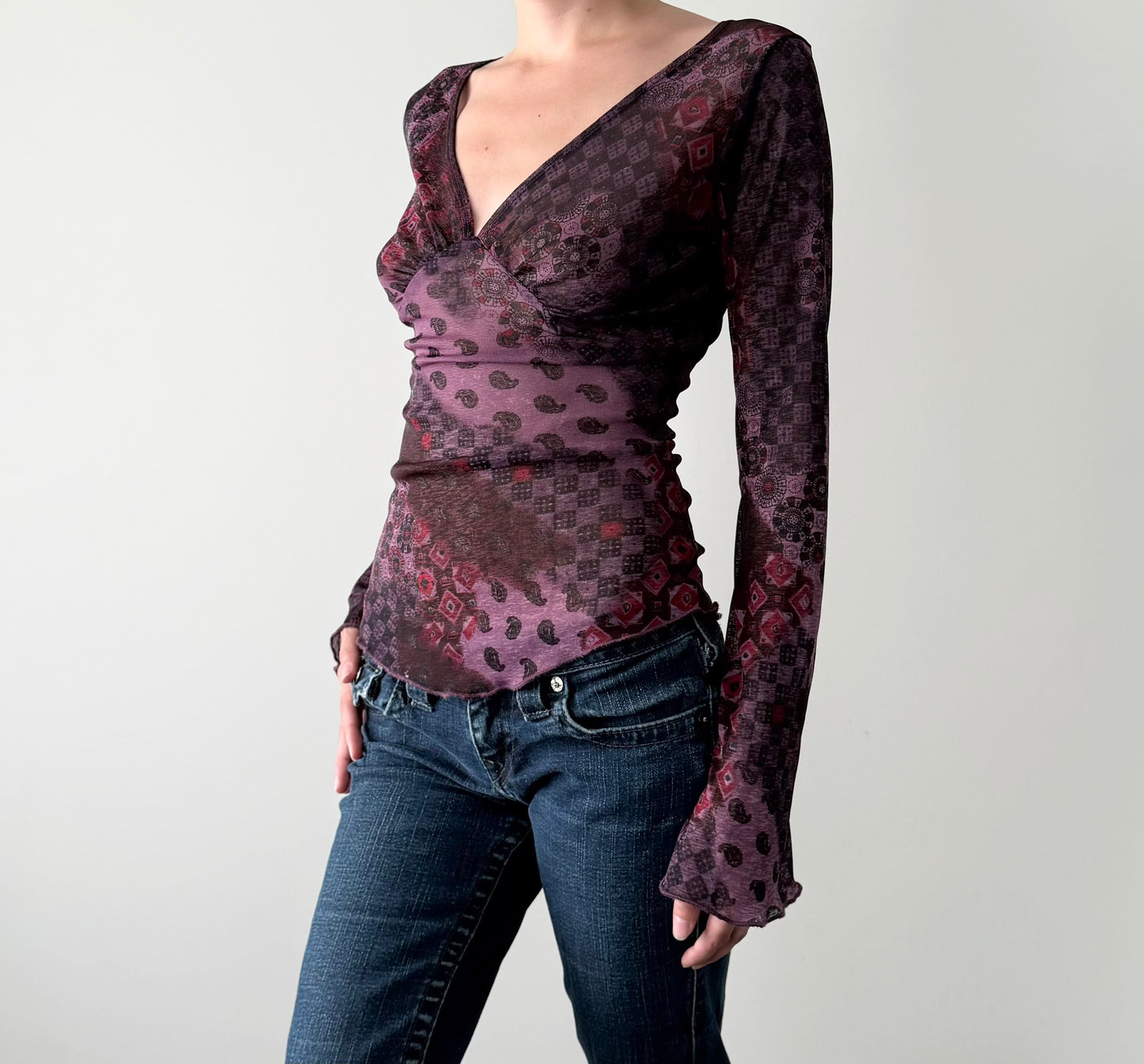 Vintage garage whimsical purple mesh blouse.
