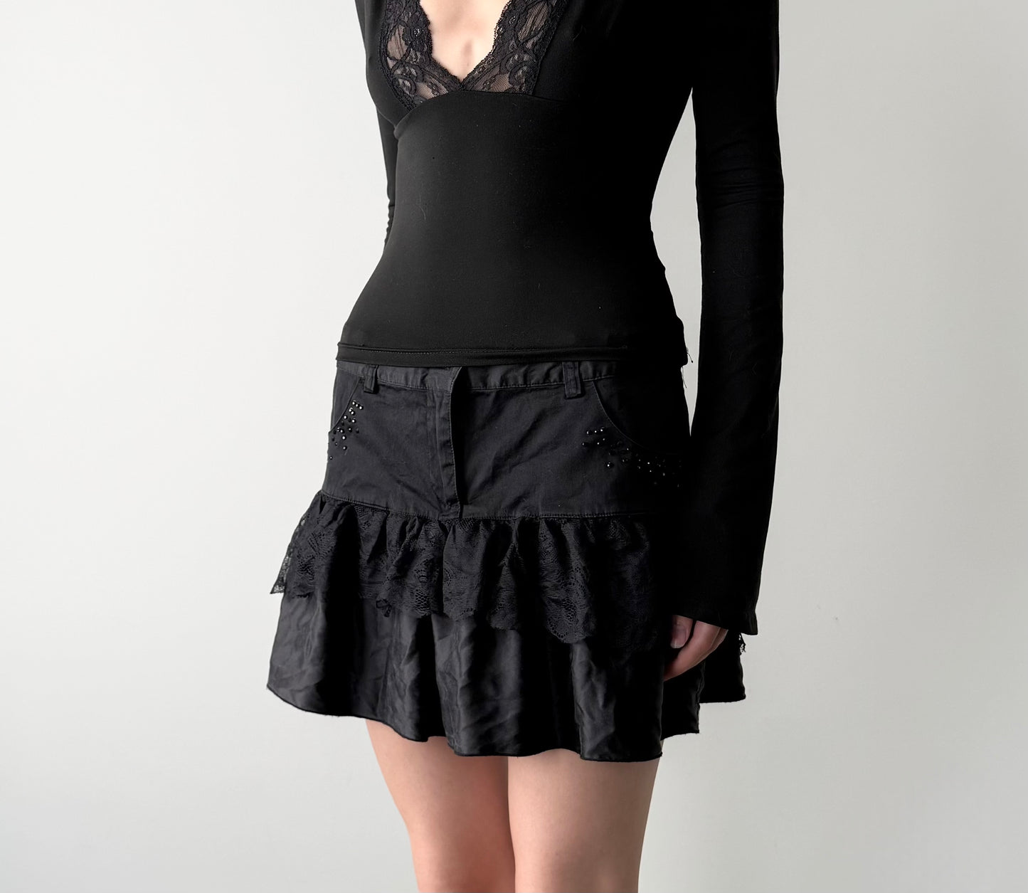 Buffalo David Bitton Black Lace Silk Trim Mini Skirt
