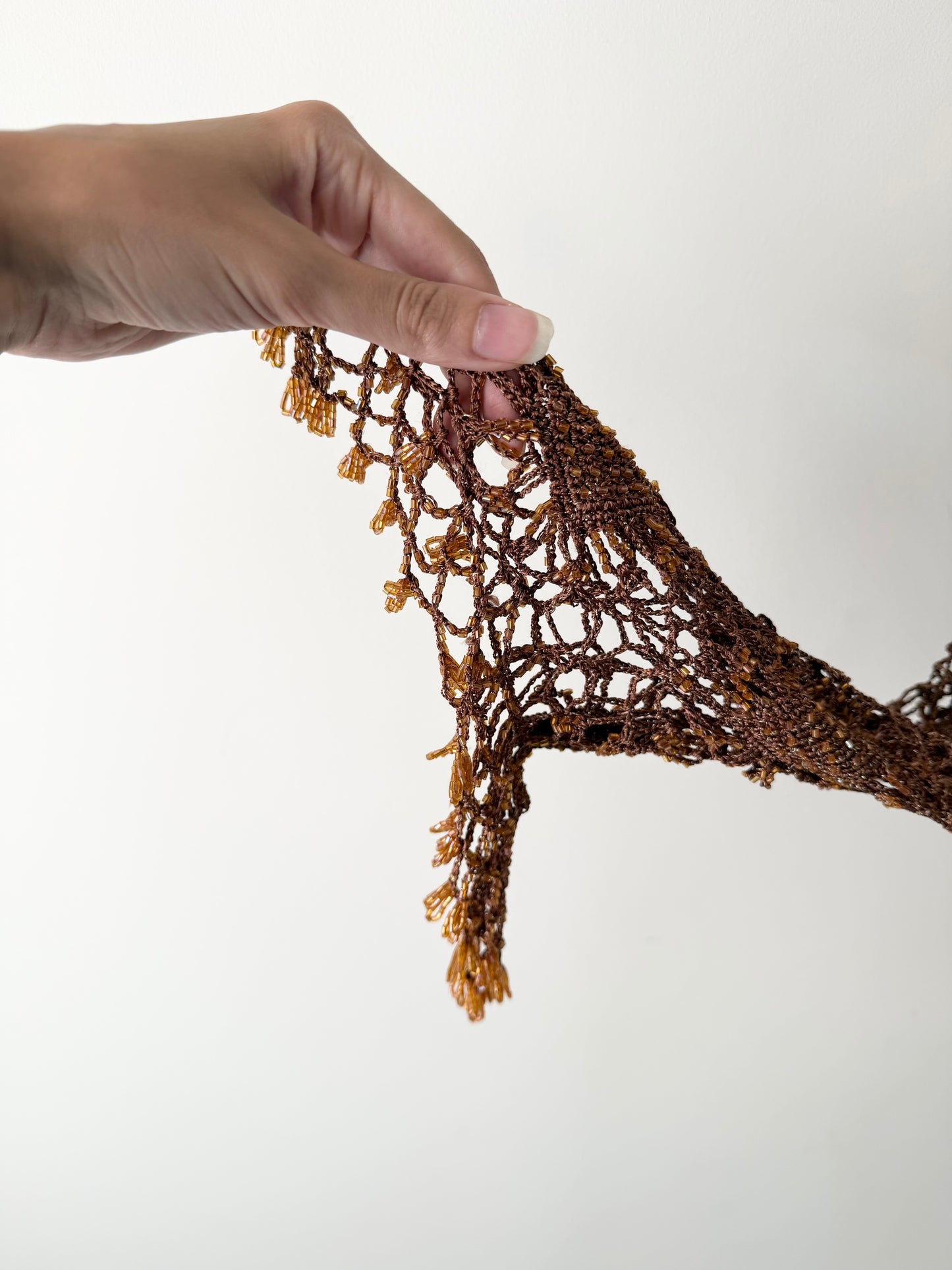 Vintage caramel crochet beaded asymmetrical cardigan