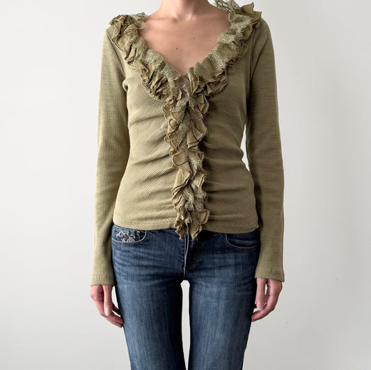 Anthropologie green lace ruffle knit cardigan