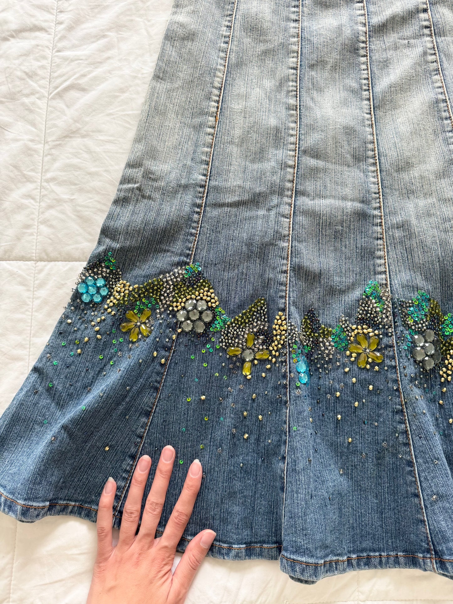 Persephone beaded denim midi skirt