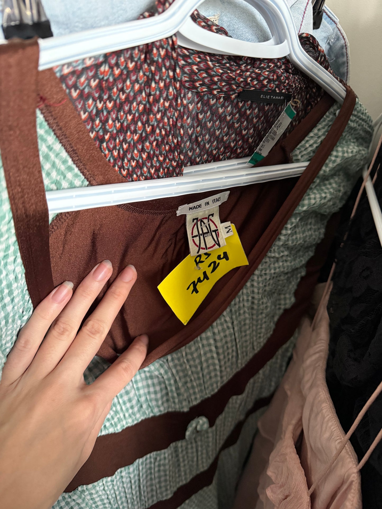 Jean Paul Gaultier gingham empire mesh maxi dress.