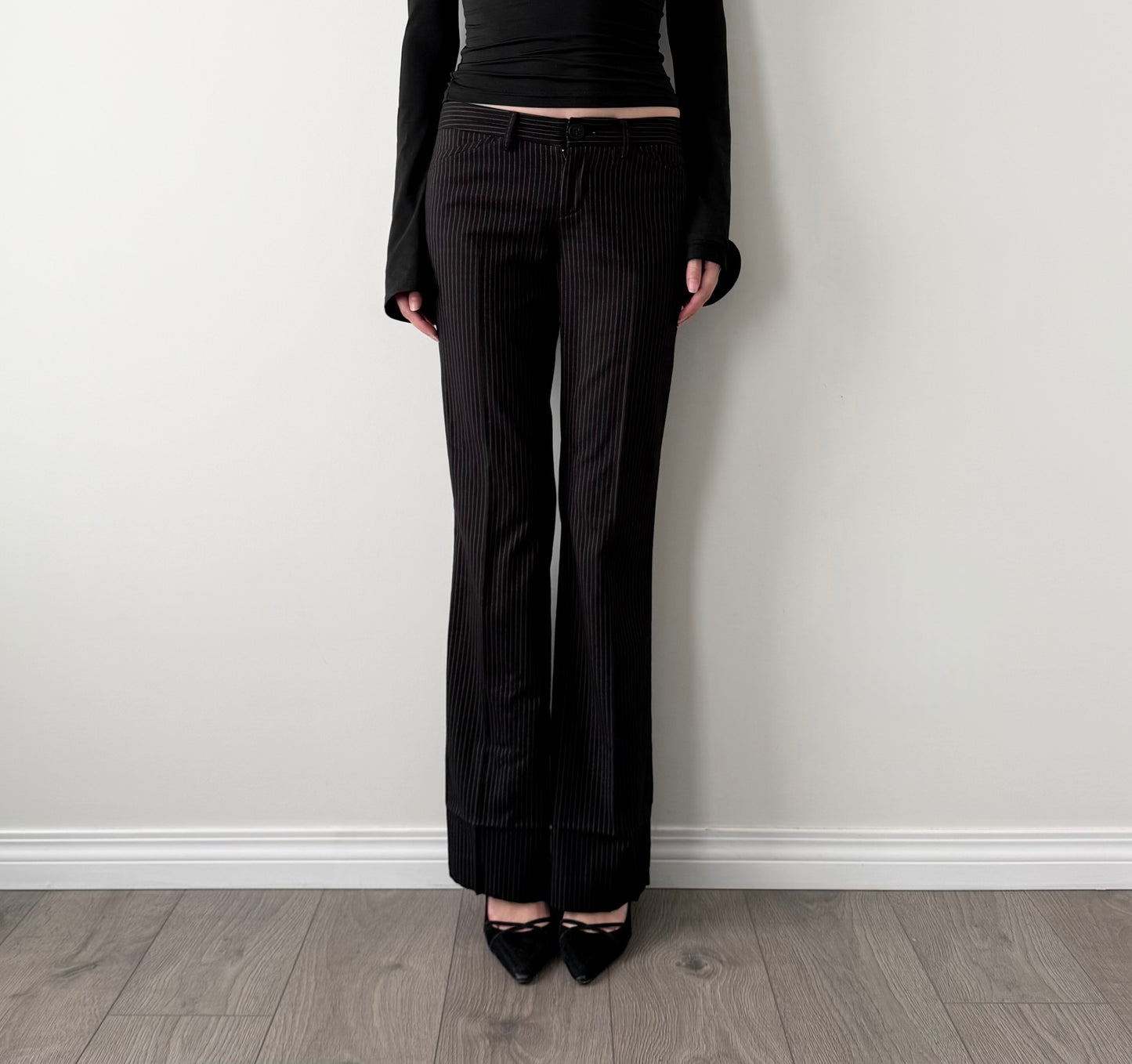 Talula black pinstripe low rise flared trousers