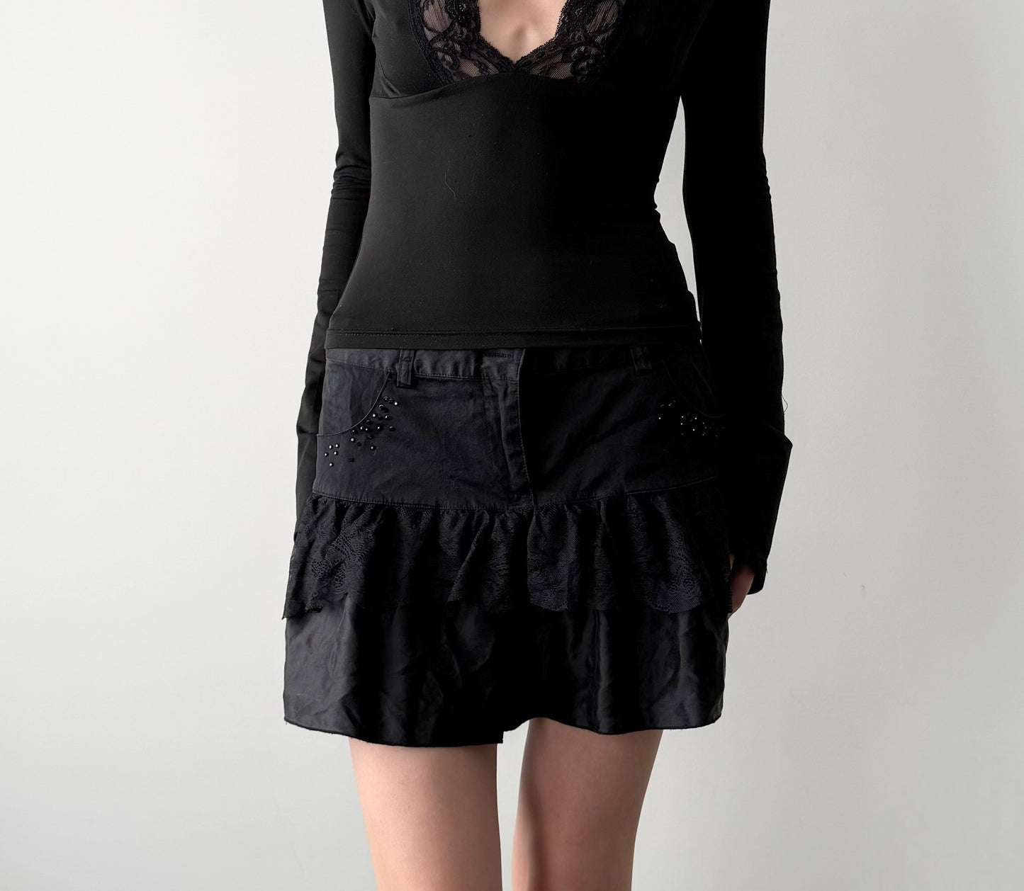 Buffalo David Bitton Black Lace Silk Trim Mini Skirt