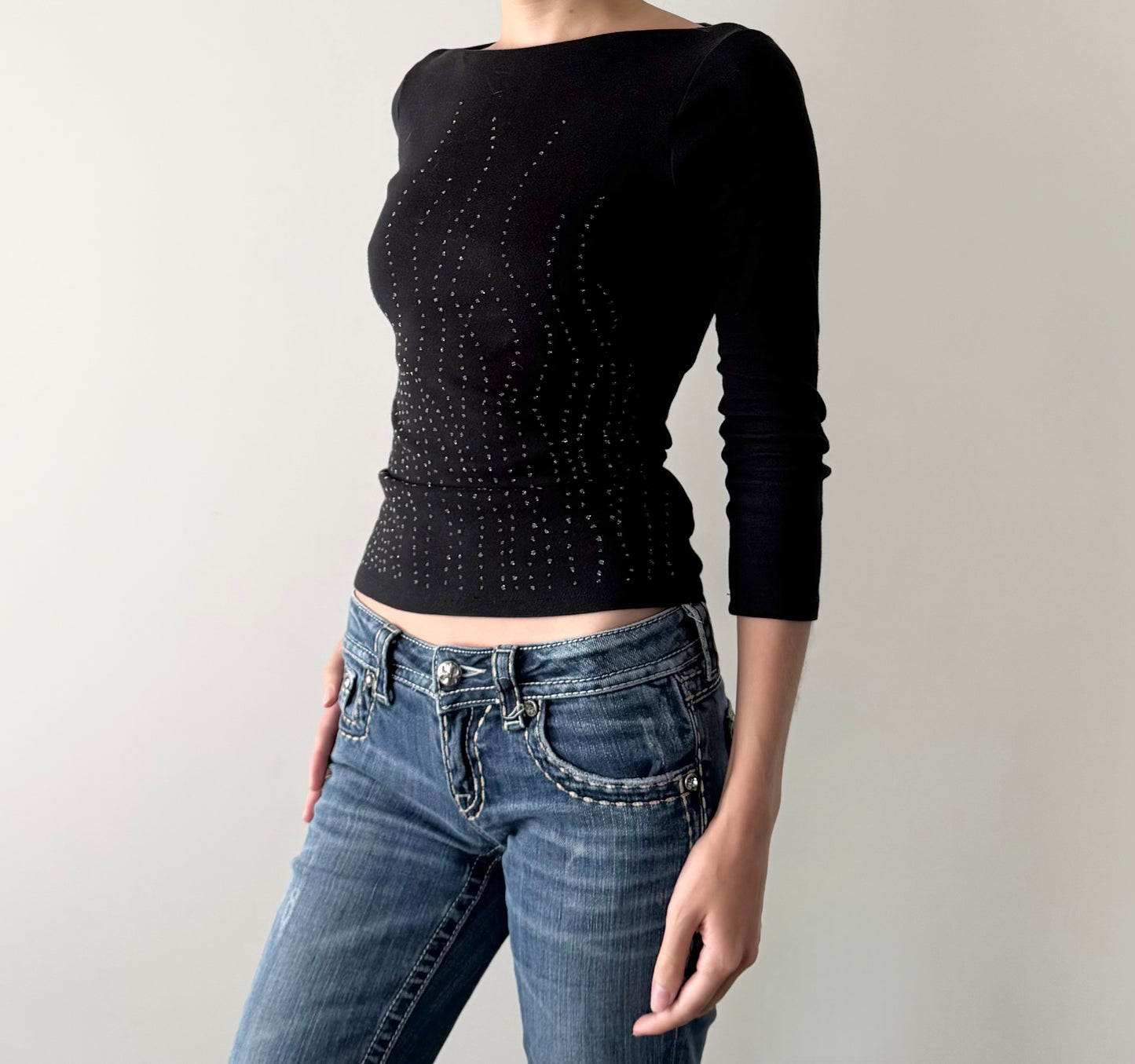 Vintage whimsical black beaded boat neck 3/4 sleeve top