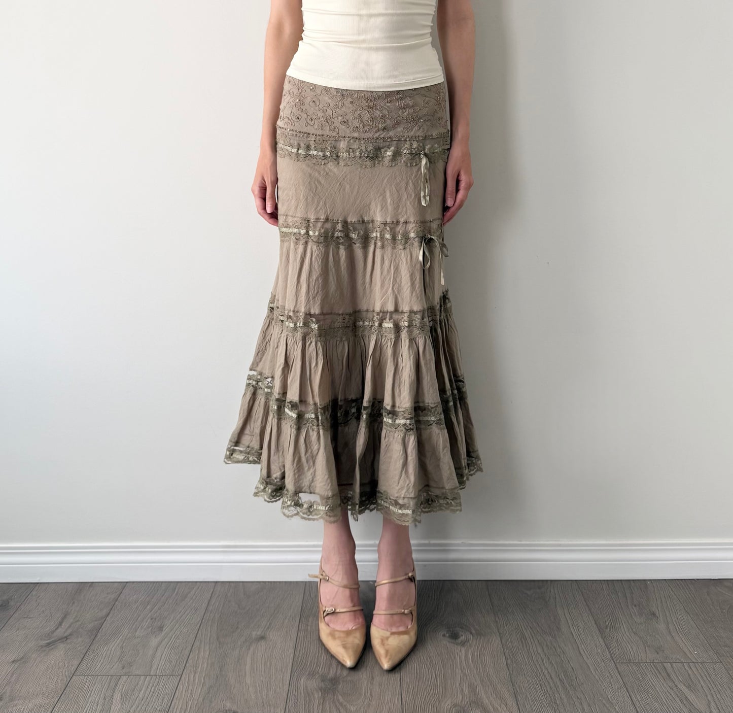 Vintage Oat sequin lace tiered maxi skirt