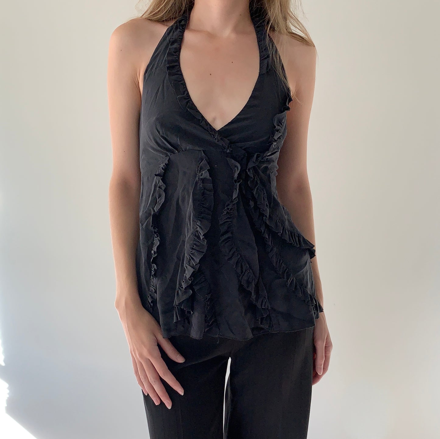 BCBG 100% silk ruffle halter top