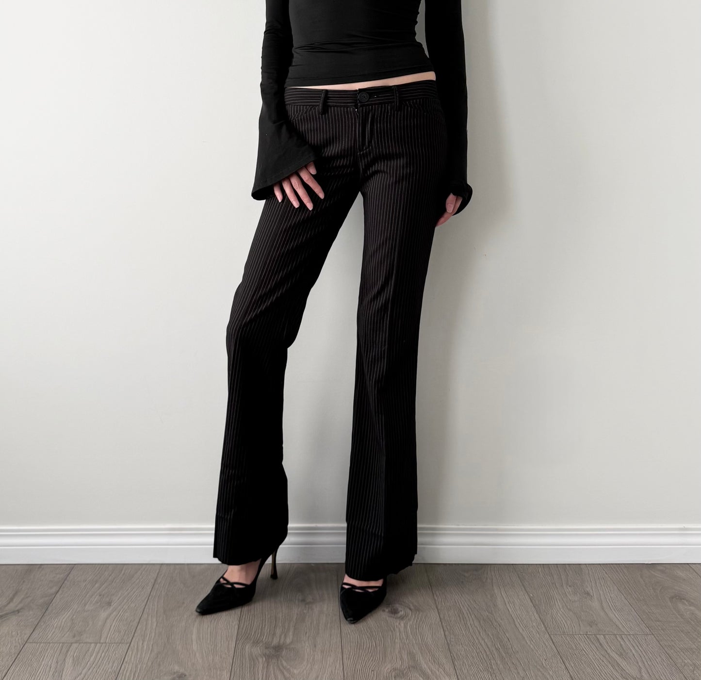 Talula black pinstripe low rise flared trousers