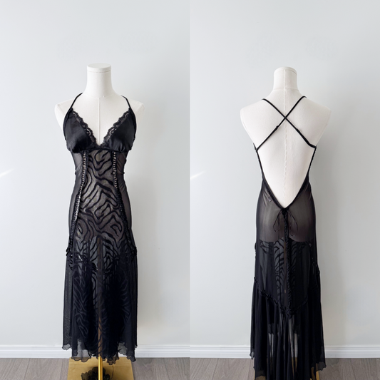 2005 Victoria’s Secret black sheer lace backless maxi slip dress
