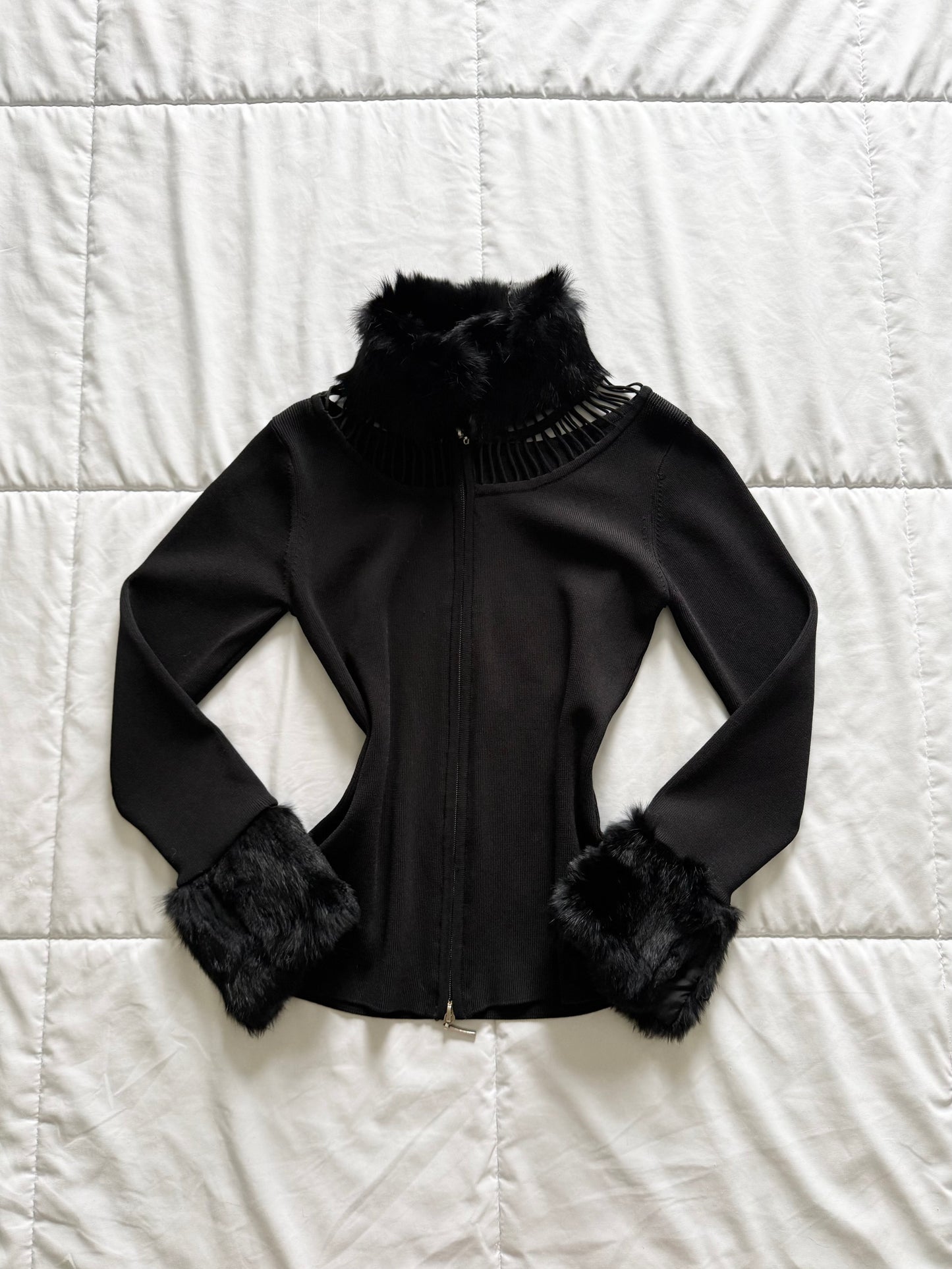 Fox fur trim ribbed cardigan