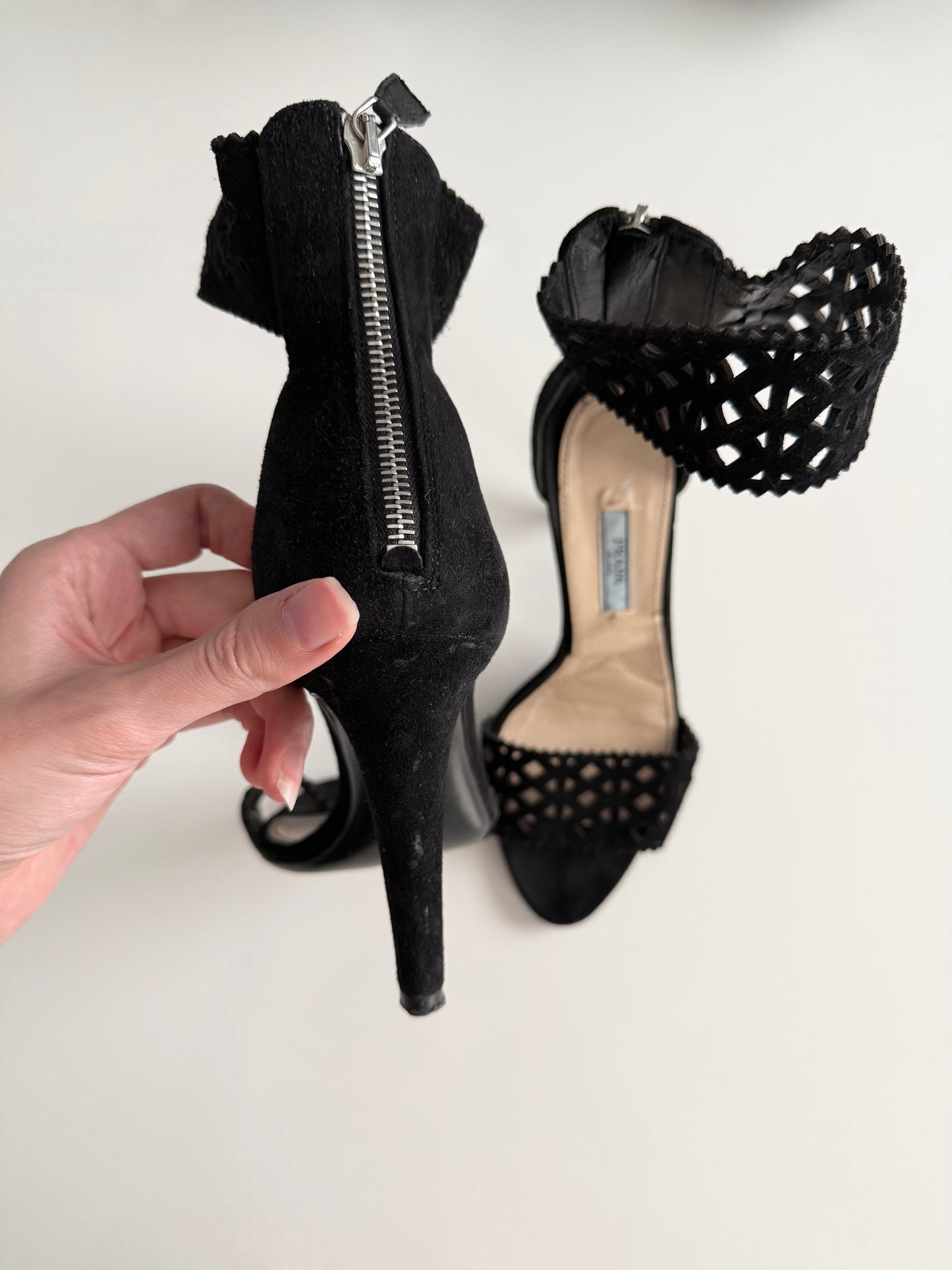 Vintage Prada black suede open toe heels