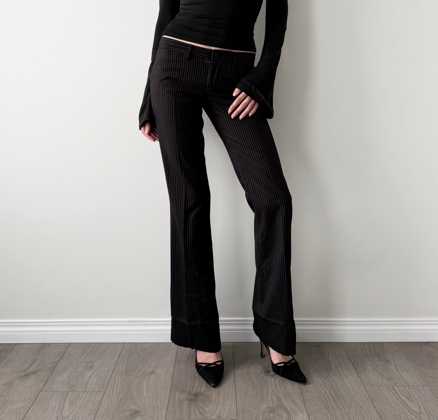 Talula black pinstripe low rise flared trousers