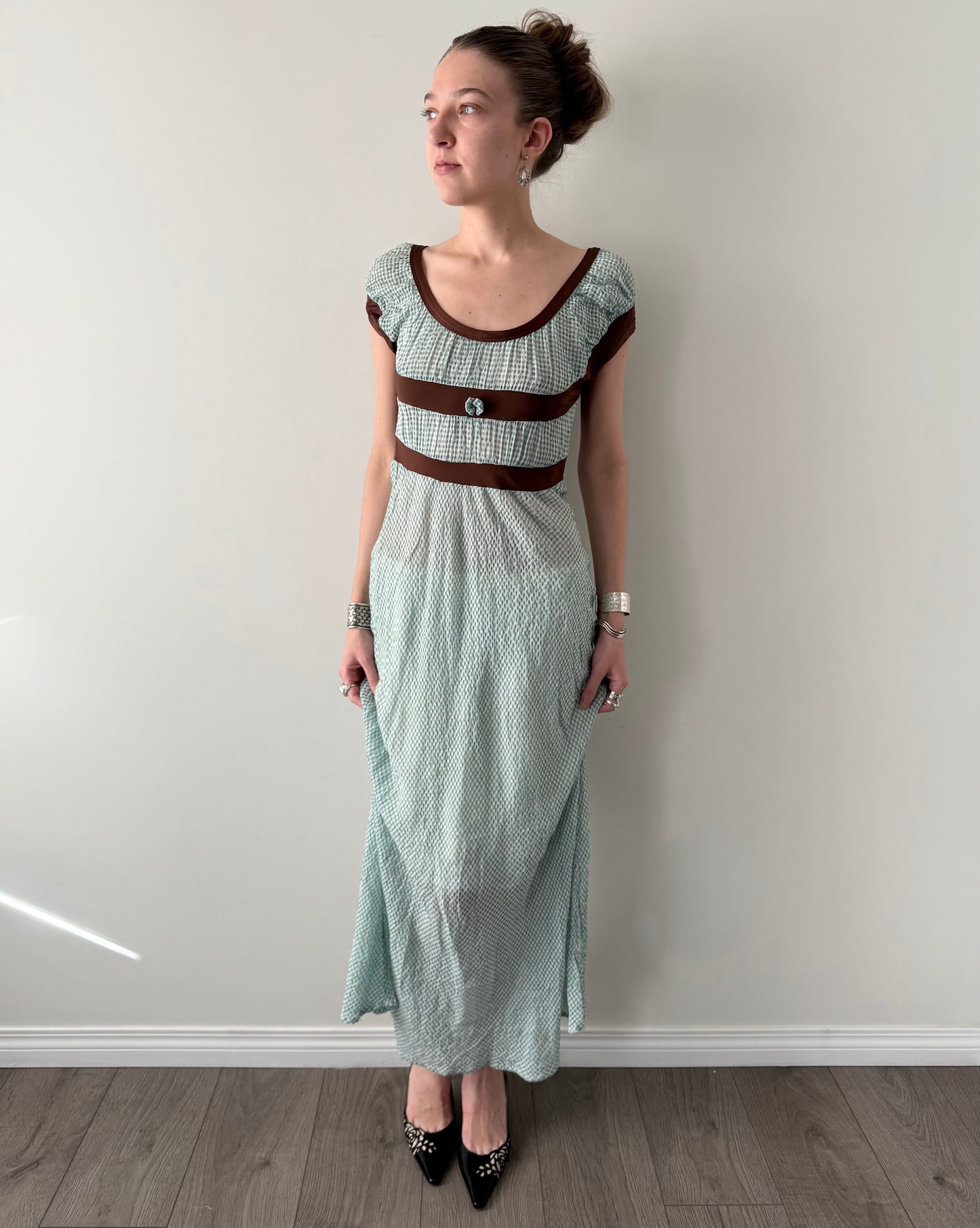 Jean Paul Gaultier gingham empire mesh maxi dress.